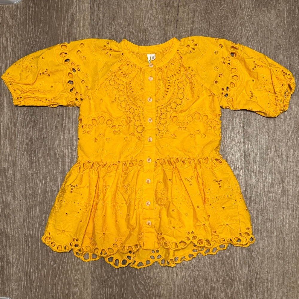 Anthropologie Kids Yellow Eyelet Cotton Peplum Button Front Top 2T Marigold